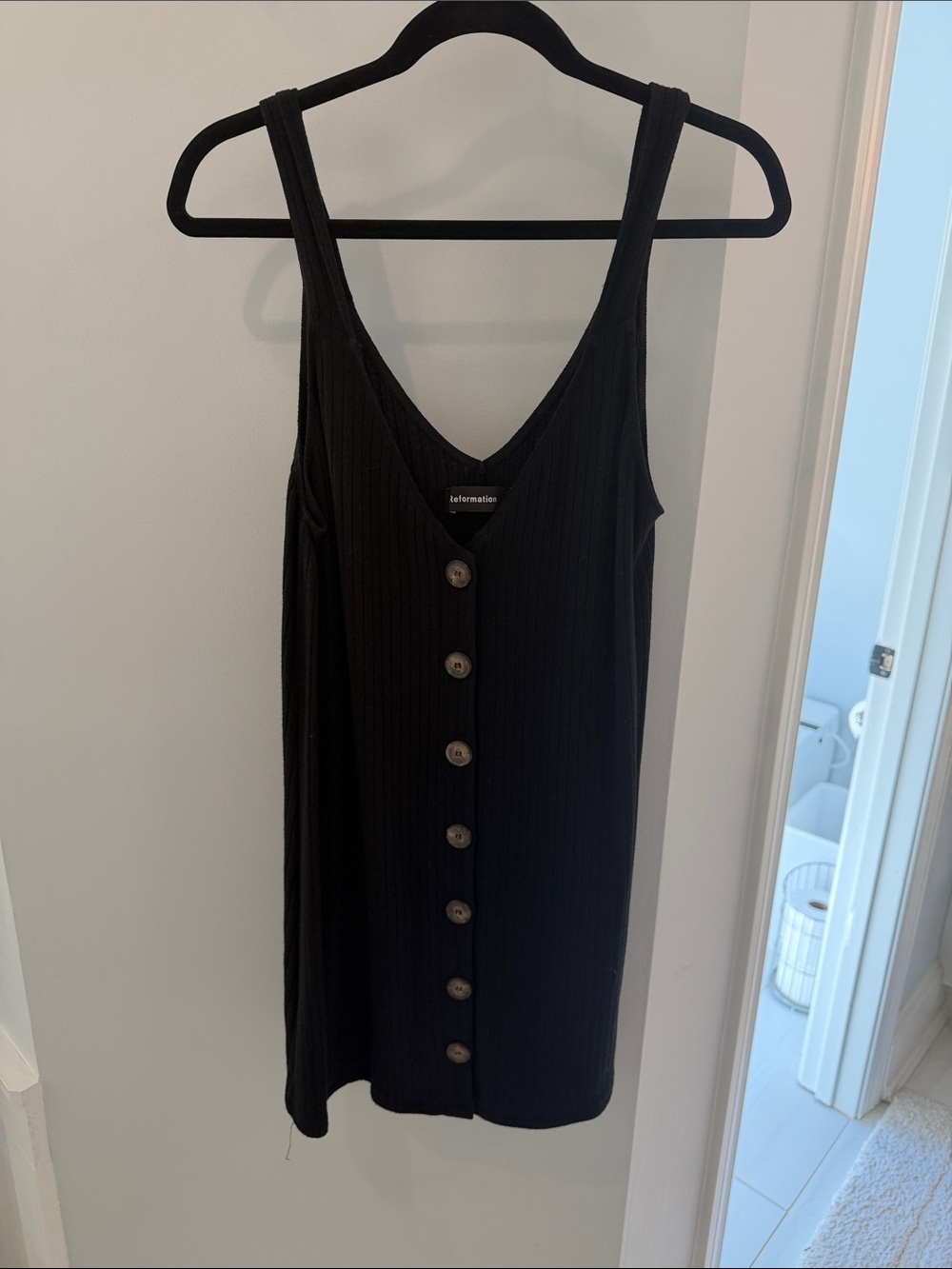 Reformation Black Ribbed Mini Dress with Front Buttons